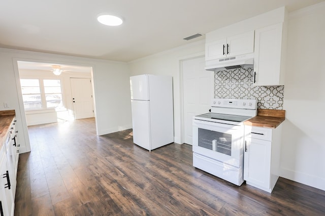 101 Hambleton St, Thomasville, GA 31792 - kitchen with white appliances, under cabinet range hood, crown molding, backsplash, and dark wood-style flooring
