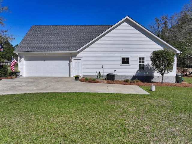 view of property exterior with driveway, roof with shingles, a garage, central air condition unit, and a lawn