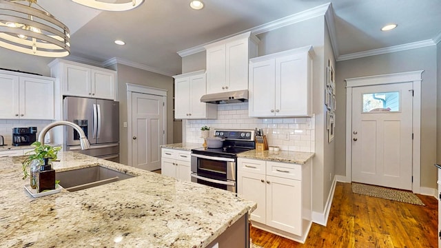 kitchen with under cabinet range hood, stainless steel appliances, crown molding, and a sink