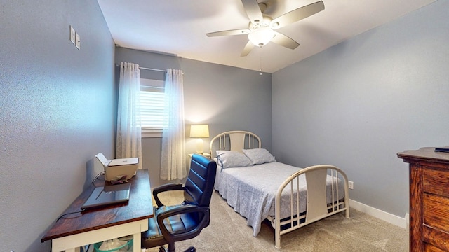 bedroom featuring carpet flooring, baseboards, and ceiling fan