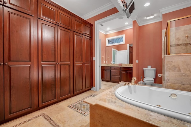 full bathroom featuring ornamental molding, toilet, vanity, and plus walk in shower