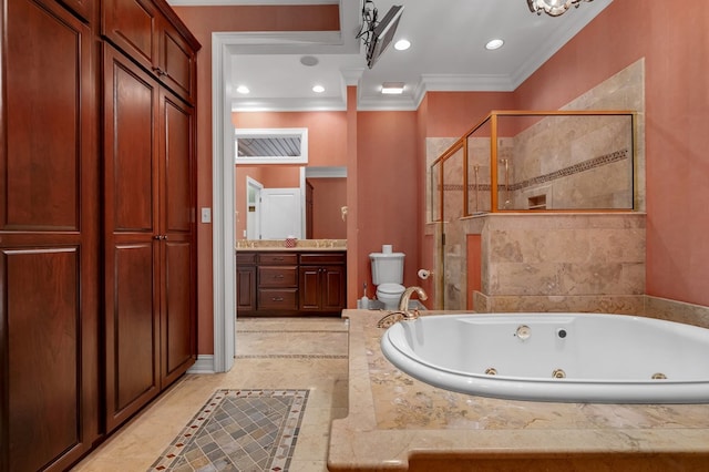 full bathroom with vanity, shower with separate bathtub, crown molding, and toilet