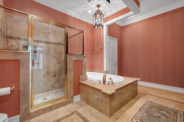 bathroom with a notable chandelier, ornamental molding, and plus walk in shower