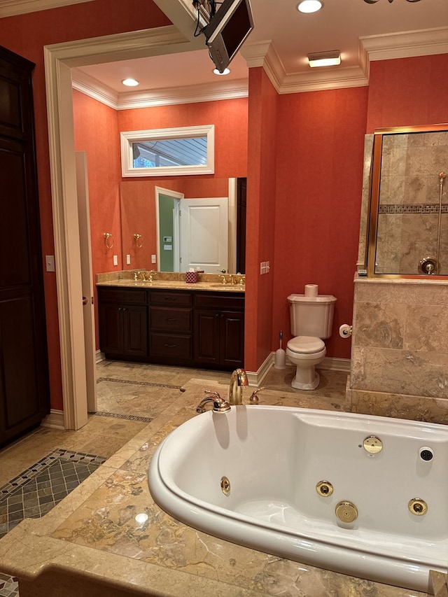 bathroom featuring vanity, tiled tub, ornamental molding, and toilet