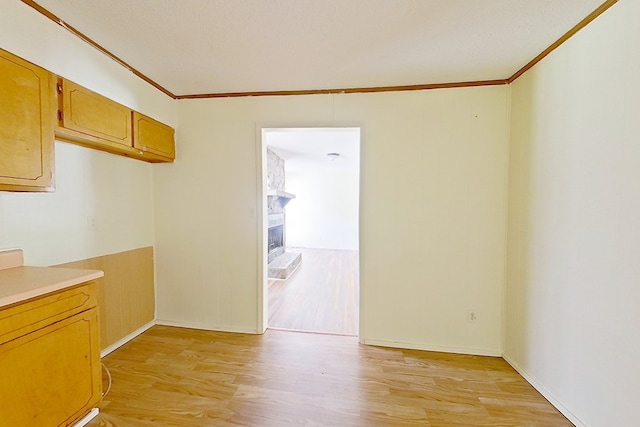 452 Bn Railroad Cir, Boston, GA 31626 - unfurnished dining area featuring crown molding, light wood-type flooring, a large fireplace, and baseboards