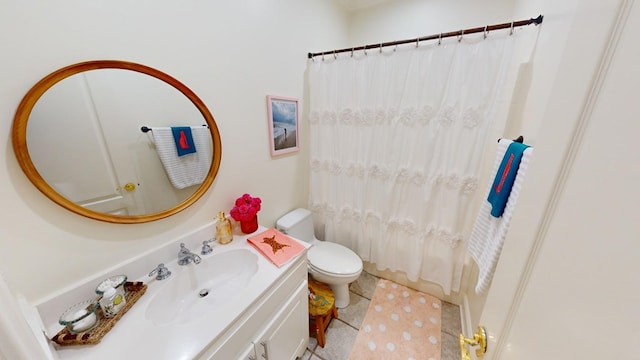 full bathroom featuring shower / bathtub combination with curtain, vanity, toilet, and tile patterned flooring