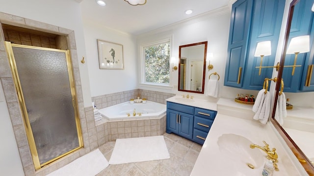 bathroom with vanity, crown molding, tile patterned floors, and plus walk in shower