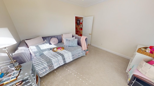 bedroom featuring light carpet and ornamental molding