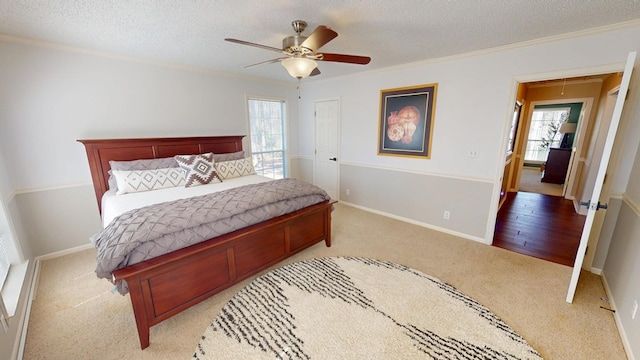 carpeted bedroom with attic access, multiple windows, a textured ceiling, and crown molding