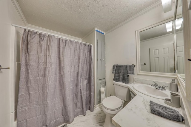 bathroom with toilet, crown molding, a shower with curtain, a textured ceiling, and vanity