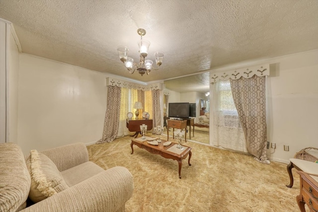 carpeted living room featuring a notable chandelier and a textured ceiling