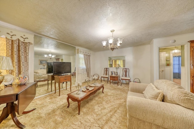 carpeted living room featuring a textured ceiling and a chandelier