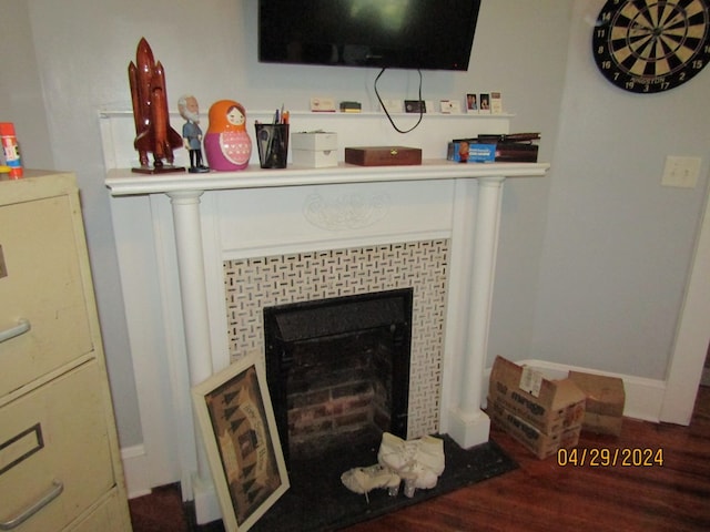 details featuring hardwood / wood-style flooring and a fireplace