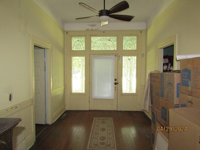 foyer entrance featuring dark hardwood / wood-style floors and ceiling fan