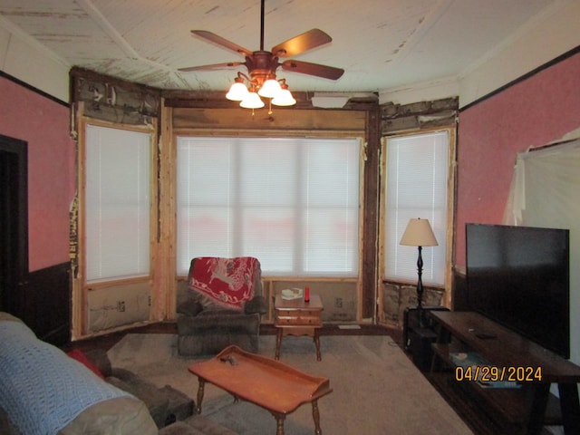 living room featuring ceiling fan and carpet