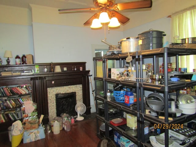 dining space featuring hardwood / wood-style flooring and ceiling fan