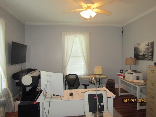 office featuring ornamental molding, hardwood / wood-style floors, and ceiling fan