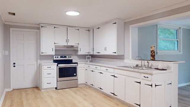 kitchen with white cabinetry, light hardwood / wood-style floors, sink, and electric range