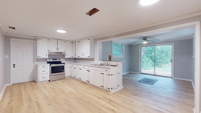 kitchen with electric stove, white cabinetry, kitchen peninsula, and sink