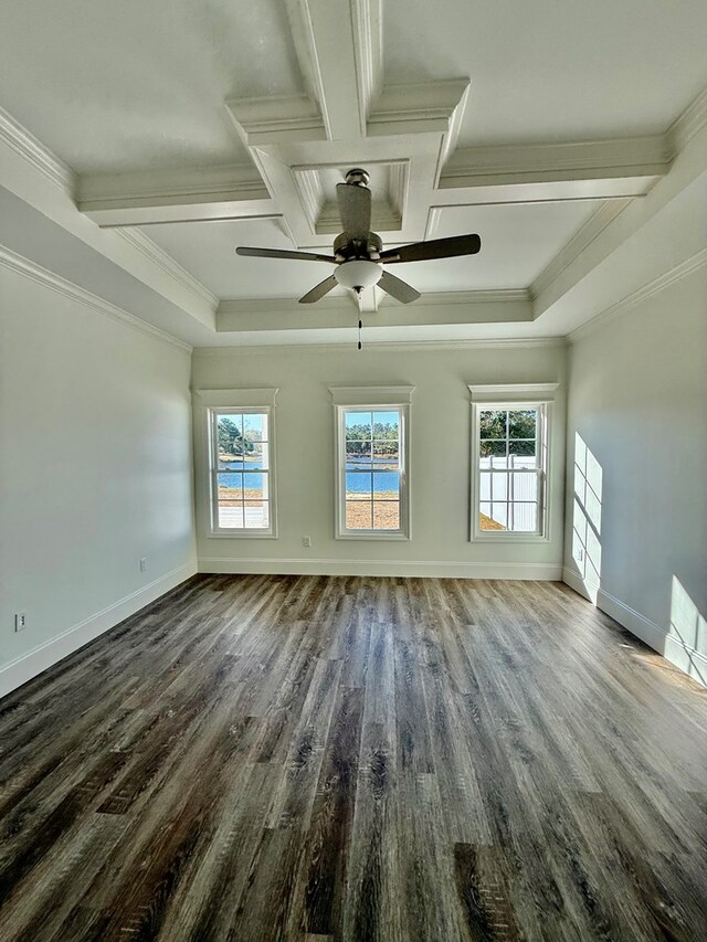 spare room featuring crown molding, ceiling fan, beam ceiling, dark hardwood / wood-style floors, and coffered ceiling