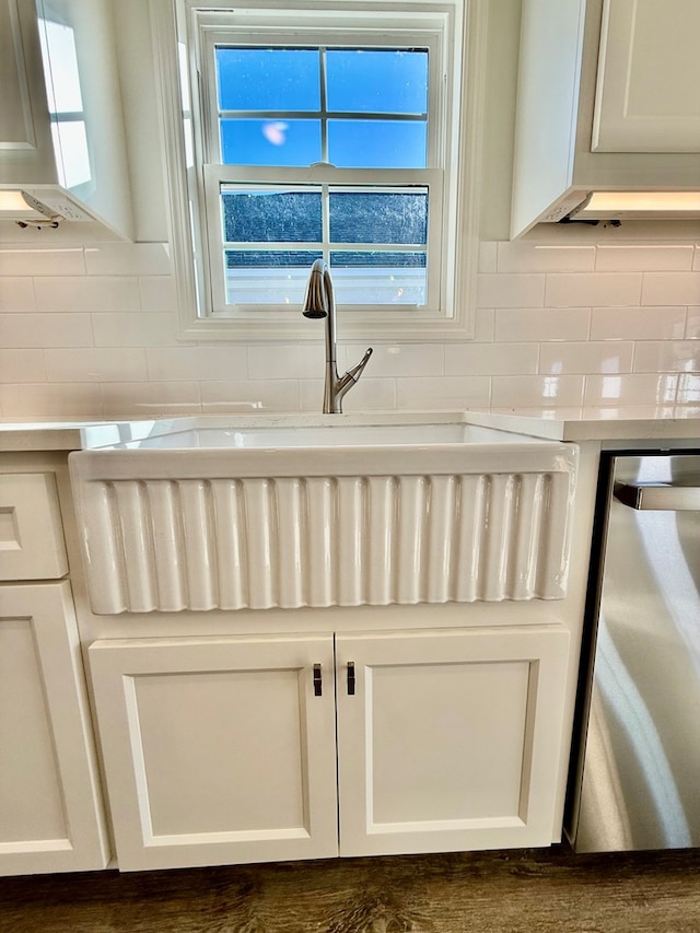 details featuring white cabinetry, sink, decorative backsplash, and stainless steel dishwasher