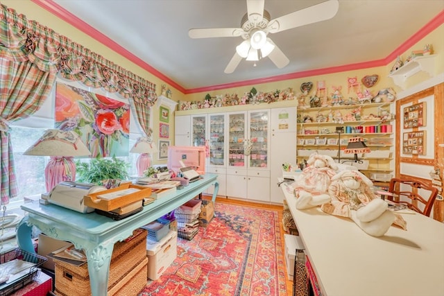 interior space featuring hardwood / wood-style flooring, ceiling fan, and ornamental molding