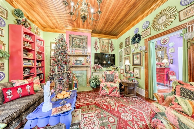 living area featuring crown molding, wood ceiling, a chandelier, and wood-type flooring