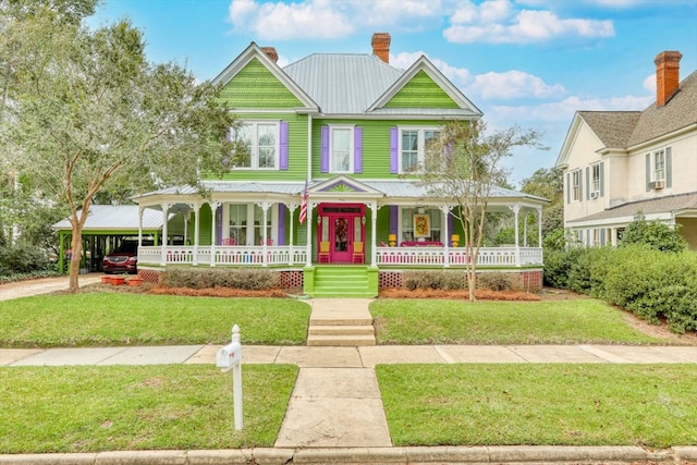 view of front facade with a porch, a carport, and a front yard