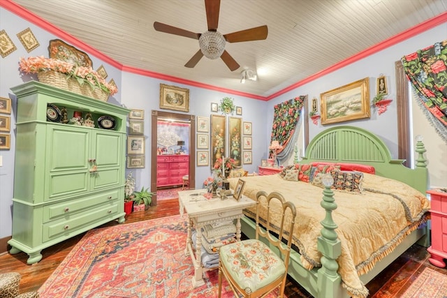 bedroom with wooden ceiling, ornamental molding, dark hardwood / wood-style floors, and ceiling fan