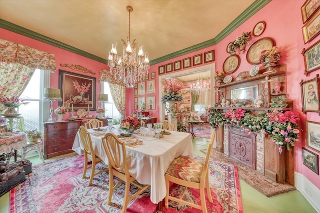 dining room with crown molding and a chandelier