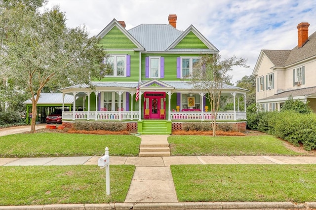 view of front facade with a front yard and covered porch