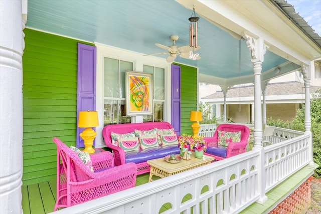 exterior space featuring covered porch and ceiling fan