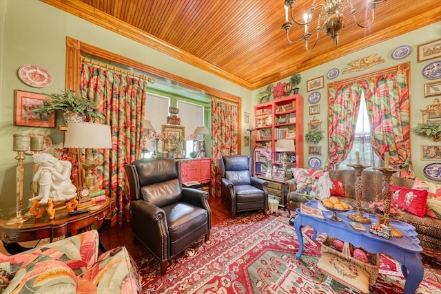 living area featuring crown molding, plenty of natural light, hardwood / wood-style flooring, and wooden ceiling