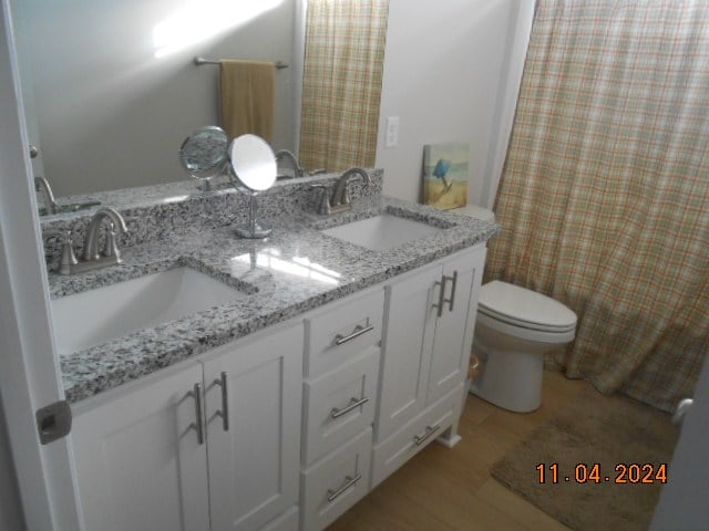 bathroom featuring double vanity, a sink, toilet, and wood finished floors