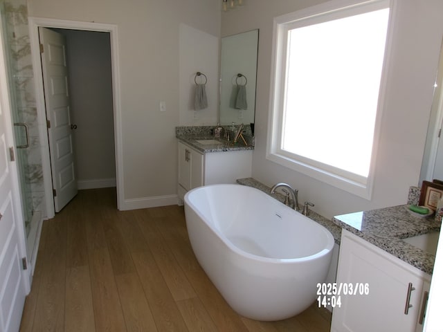 bathroom featuring two vanities, a freestanding bath, a stall shower, a sink, and wood finished floors