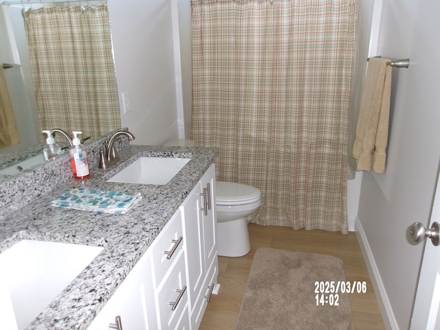 bathroom featuring double vanity, toilet, and a sink