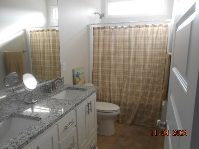 bathroom featuring shower / bath combination with curtain, a sink, toilet, and double vanity