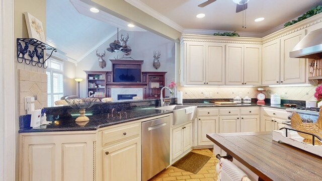 1017 Rowland Rd, Boston, GA 31626 - kitchen featuring dishwasher, brick patterned floors, a sink, a ceiling fan, and decorative backsplash