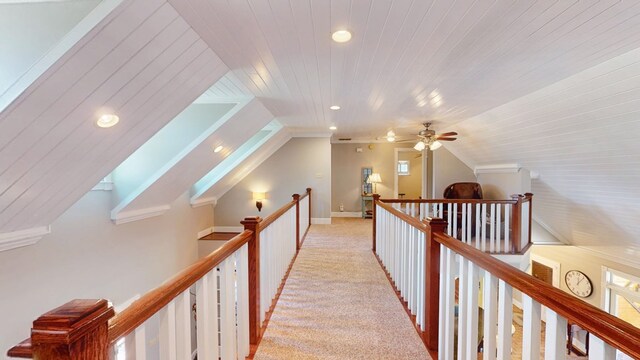 1017 Rowland Rd, Boston, GA 31626 - corridor featuring an upstairs landing, recessed lighting, wood ceiling, light carpet, and vaulted ceiling