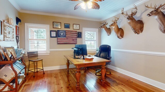 1017 Rowland Rd, Boston, GA 31626 - office area with a ceiling fan, plenty of natural light, hardwood / wood-style floors, crown molding, and baseboards