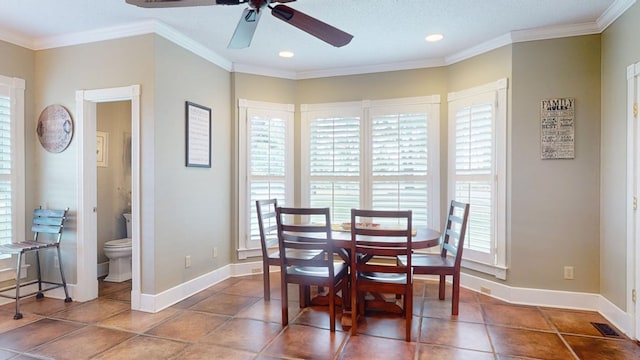 1017 Rowland Rd, Boston, GA 31626 - dining space with a ceiling fan, crown molding, baseboards, recessed lighting, and tile patterned flooring