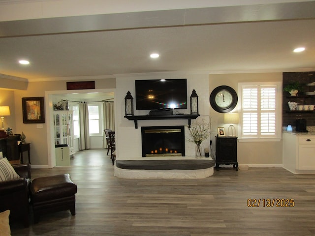 living room featuring hardwood / wood-style flooring and ornamental molding