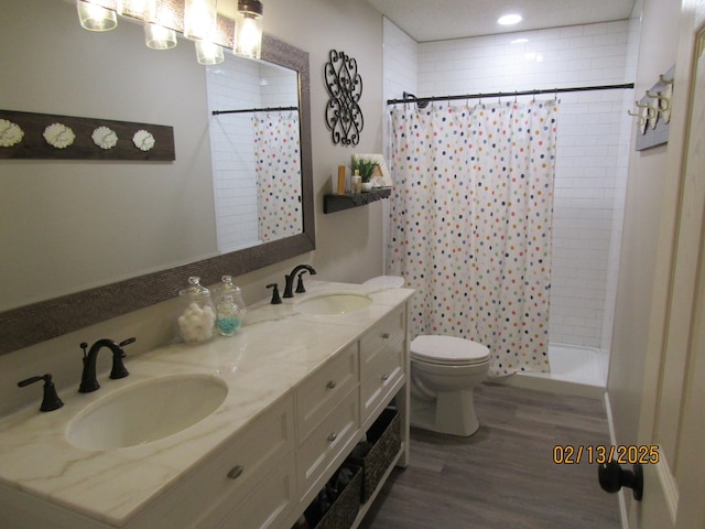 bathroom featuring vanity, wood-type flooring, curtained shower, and toilet