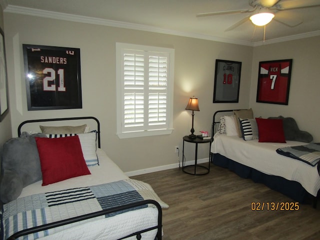 bedroom with crown molding, ceiling fan, and wood-type flooring