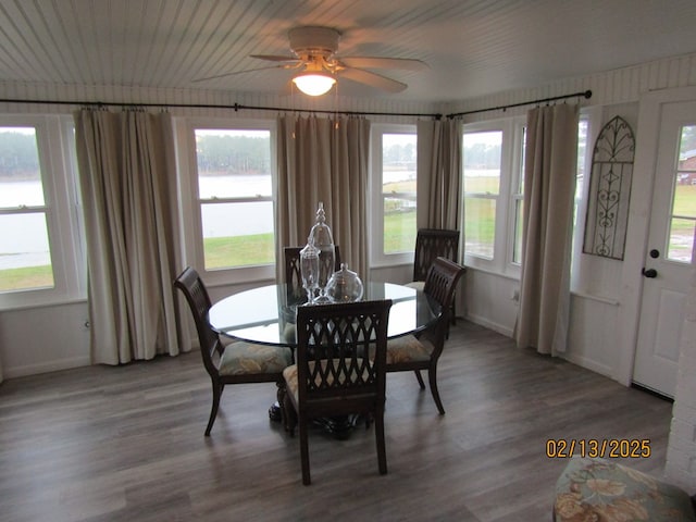 dining room featuring wood ceiling, ceiling fan, and hardwood / wood-style floors