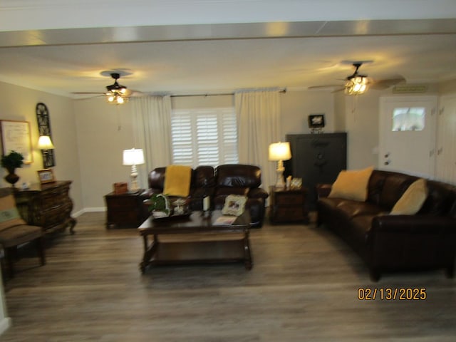 living room with hardwood / wood-style floors and ceiling fan