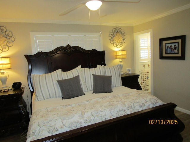 bedroom with ornamental molding and ceiling fan