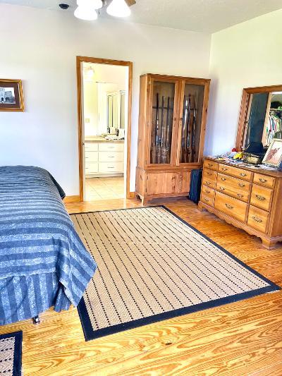 bedroom with ceiling fan, ensuite bath, and light hardwood / wood-style floors