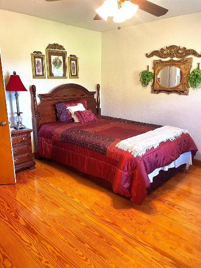 bedroom featuring hardwood / wood-style flooring and ceiling fan