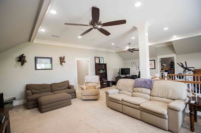 living room with lofted ceiling, carpet, visible vents, and ornamental molding